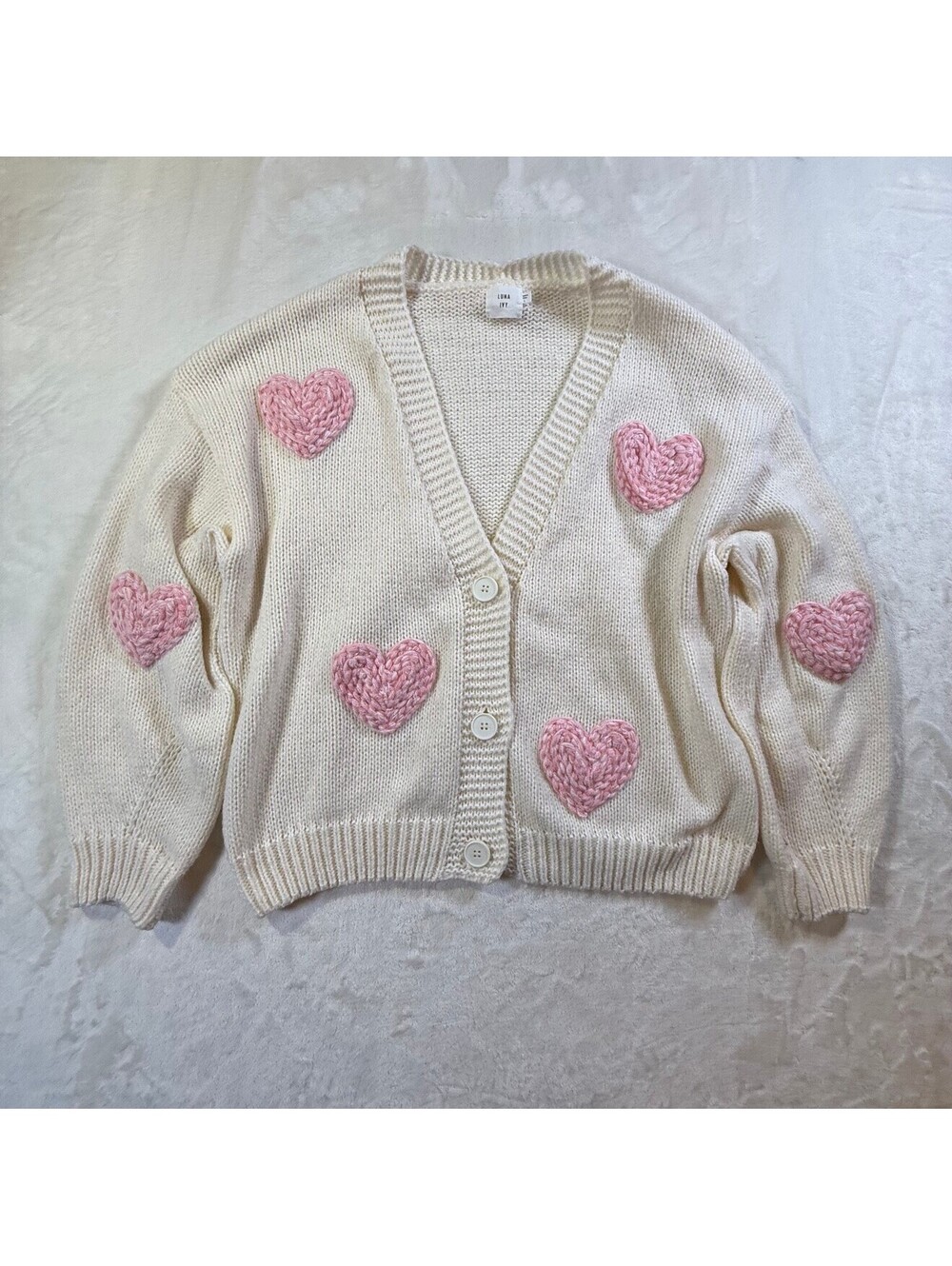 Luna Ivy Cardigan Sweater Womens L Cream Pink Crochet Hearts V-Neck Button Knit